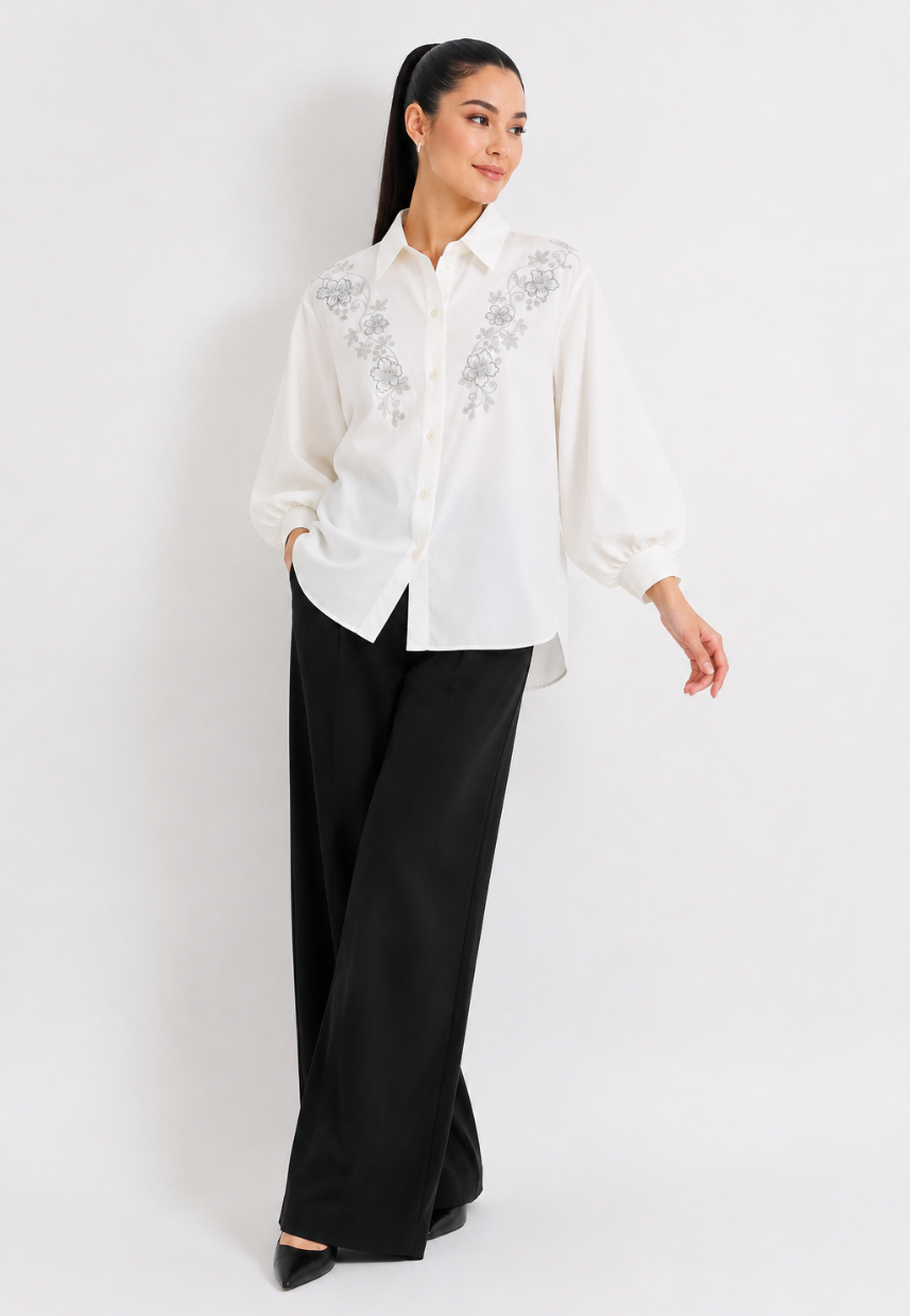 Leonie Embroidery Blouse With Puff Sleeve | White