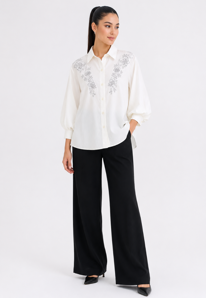 Leonie Embroidery Blouse With Puff Sleeve | White