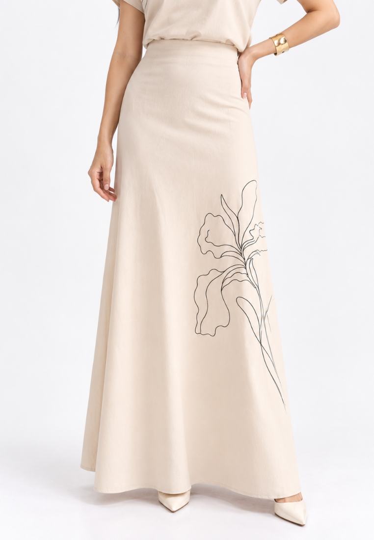 Aureta Embroidery Long Skirt | Cream