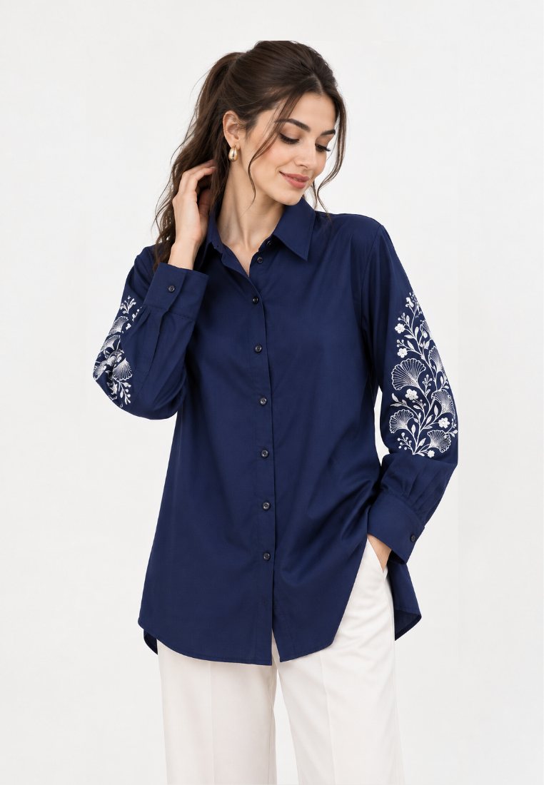 Elaris Embroidery Long Shirt | Navy | Arlette By Brilliant Girl
