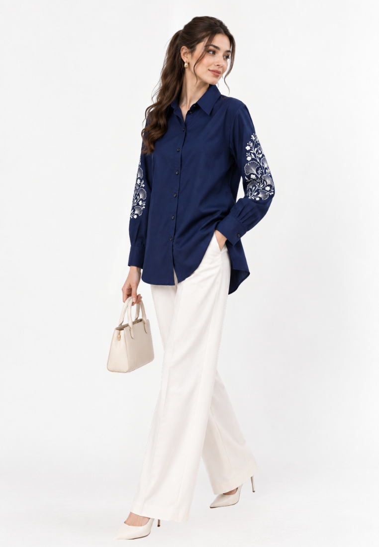 Elaris Embroidery Long Shirt | Navy | Arlette By Brilliant Girl