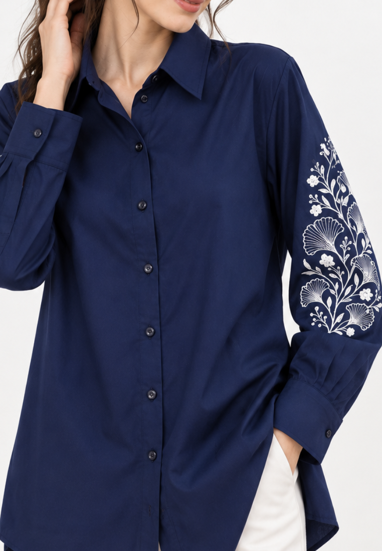 Elaris Embroidery Long Shirt | Navy | Arlette By Brilliant Girl