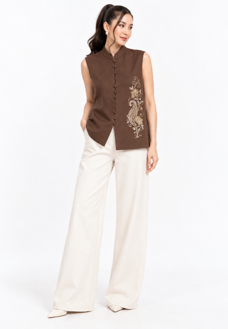 Elvara Embroidered Vest | Brown