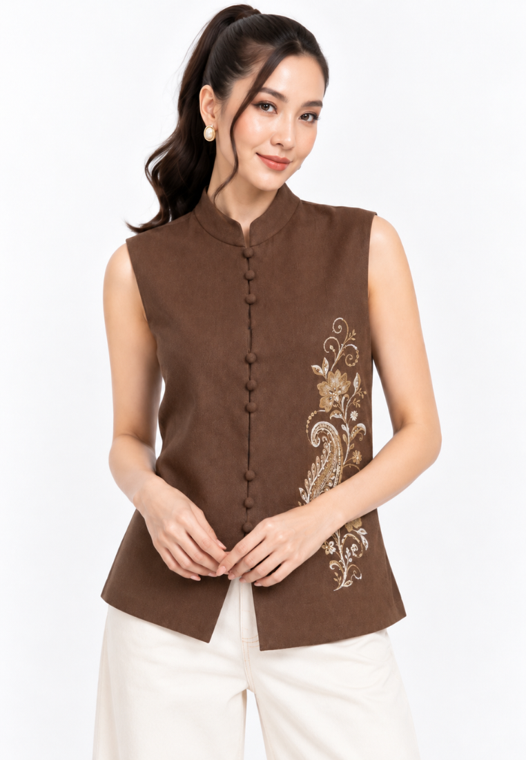 Elvara Embroidered Vest | Brown