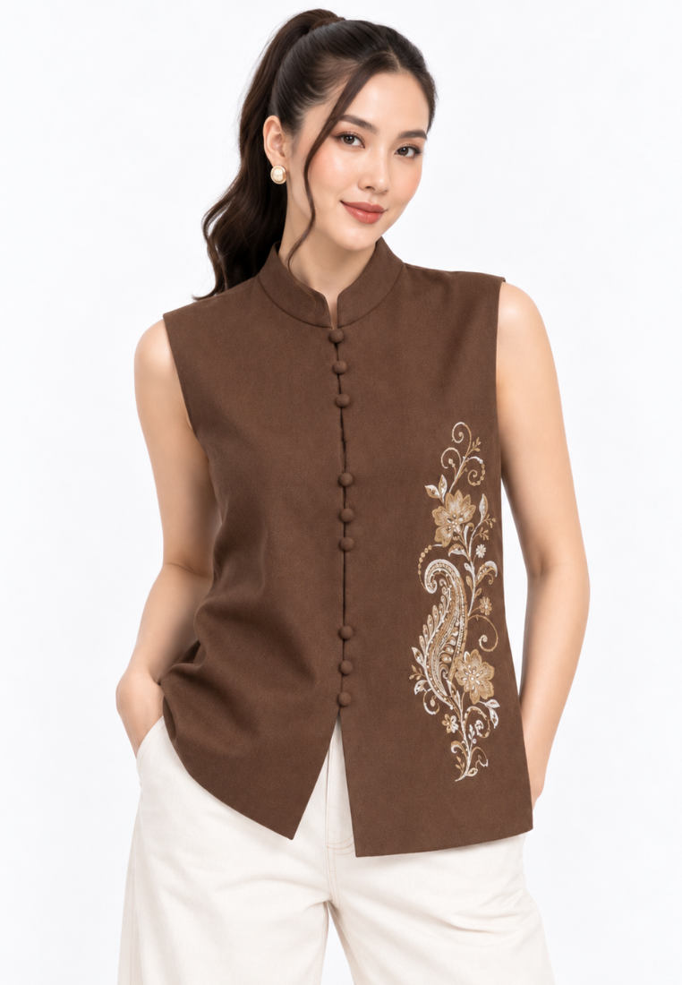 Elvara Embroidered Vest | Brown