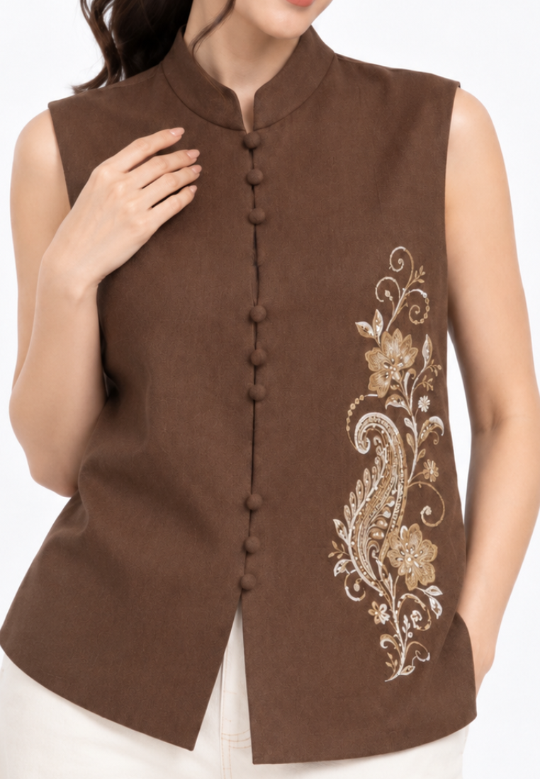Elvara Embroidered Vest | Brown