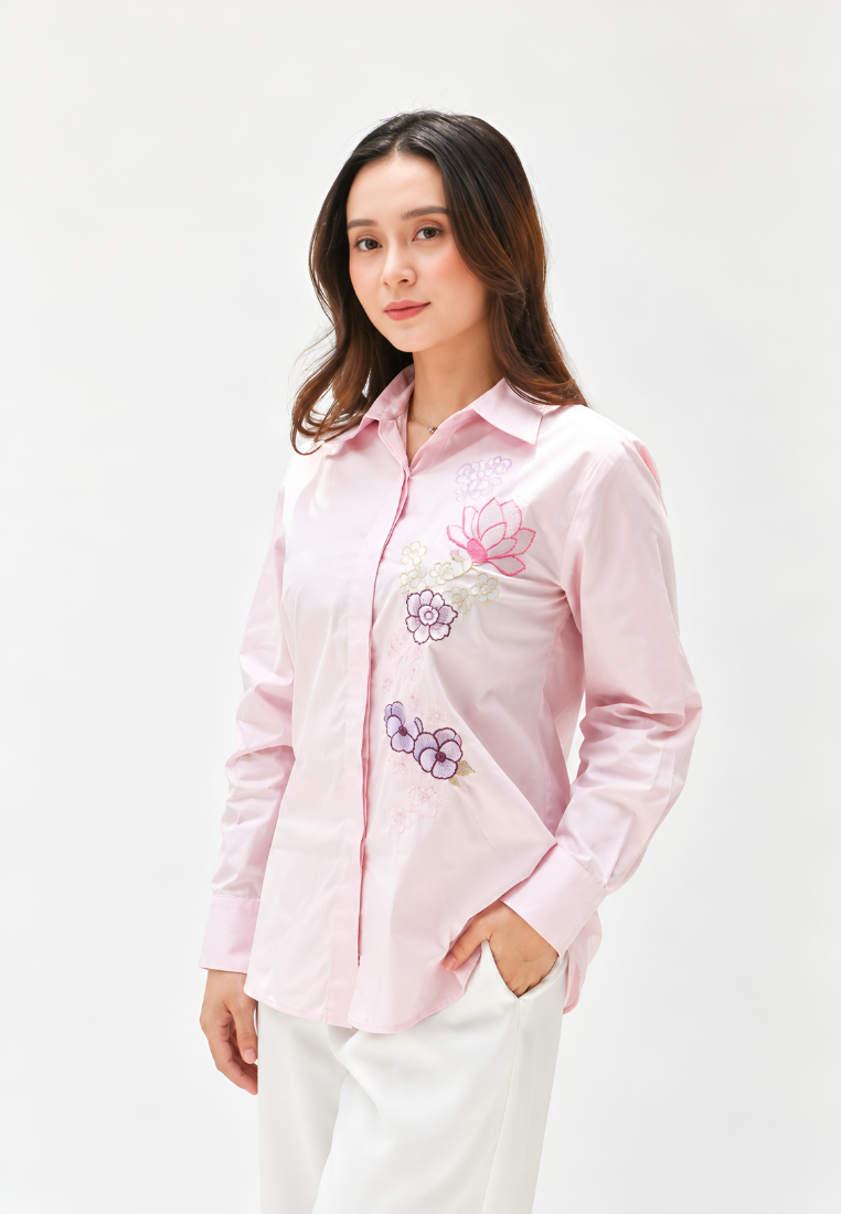 Camellia Embroidery Shirt |Soft Pink