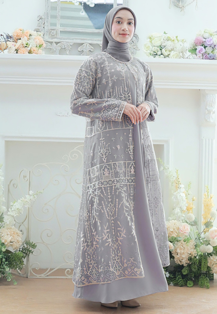 Moenet Flower with Pearl Detail Muslin Long Dress | Purple