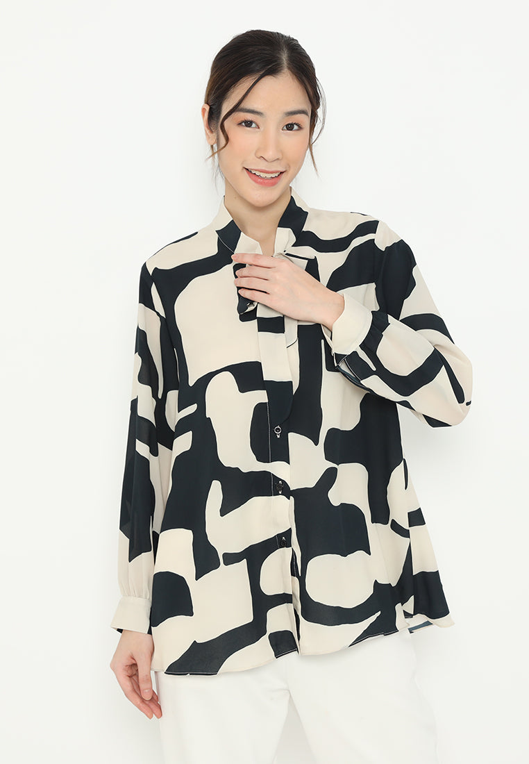 Ravelle Blouse Geometri Pattern With Long Sleeve | Cream