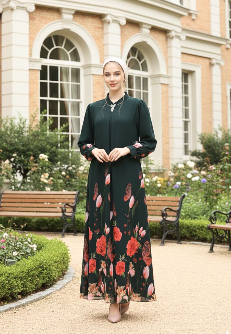 Elenora Muslim Long Dress Printed Chiffon | Green