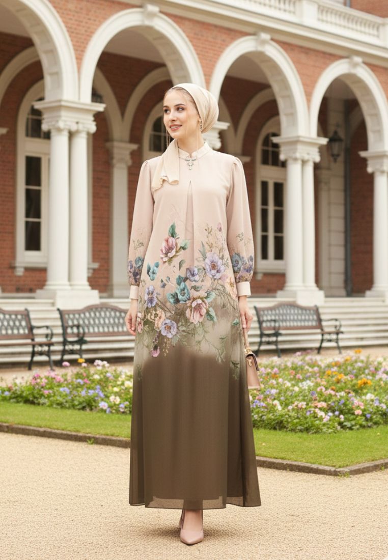 Meliora Muslim Long Dress Floral Motif Chiffon | Cream