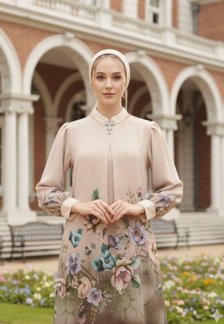 Meliora Muslim Long Dress Floral Motif Chiffon | Cream