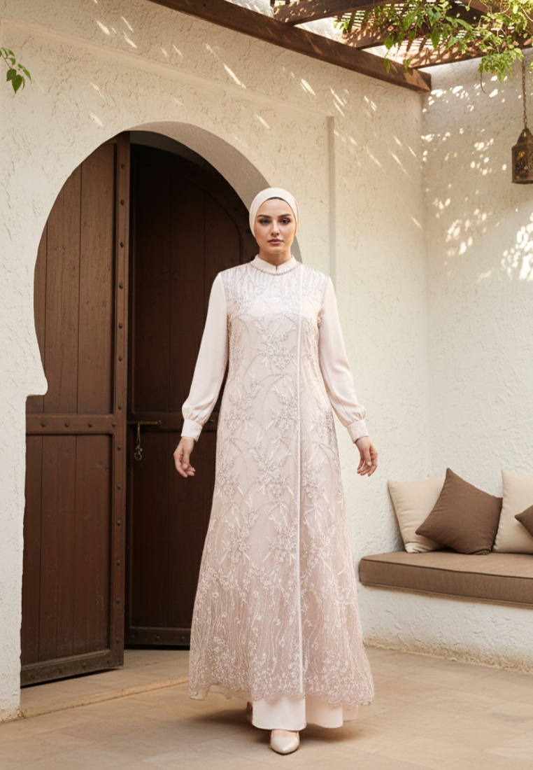Almeera Muslim Long Dress With Lace Embroidery Floral Premium | Cream