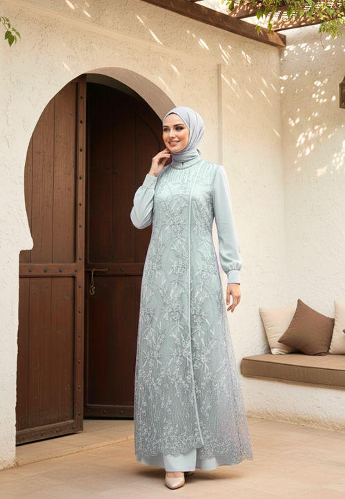 Almeera Muslim Long Dress With Lace Embroidery Floral Premium | Green