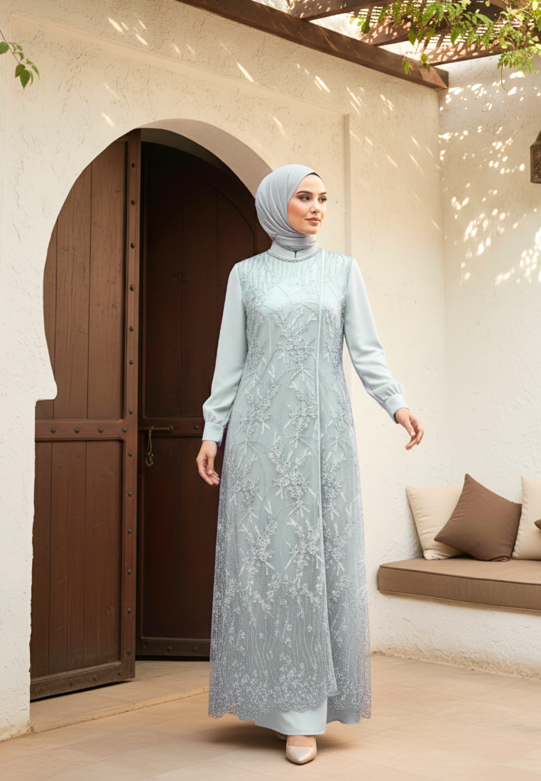 Almeera Muslim Long Dress With Lace Embroidery Floral Premium | Green