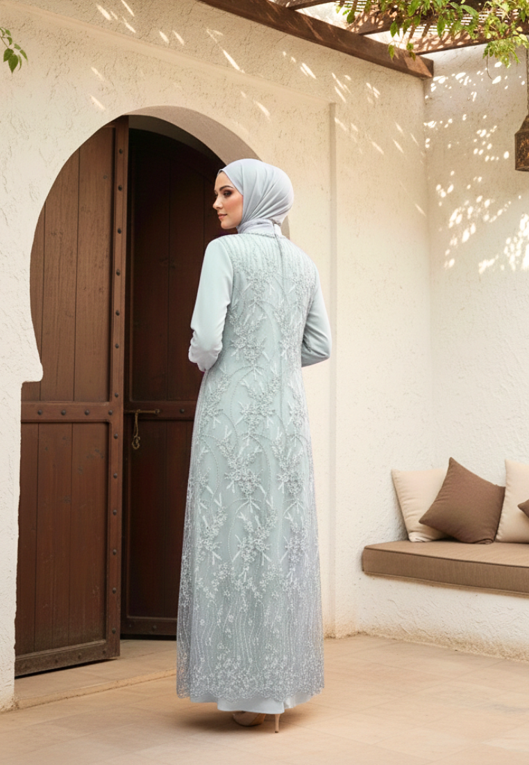 Almeera Muslim Long Dress With Lace Embroidery Floral Premium | Green