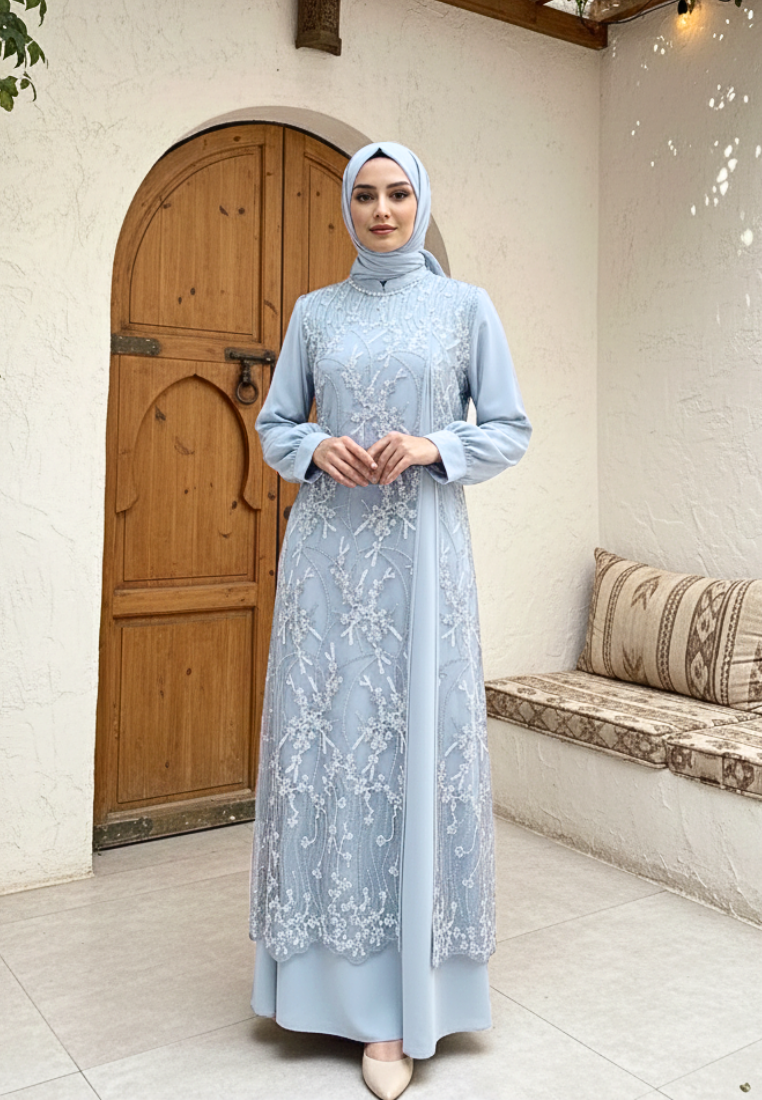 Azurra Muslimah Lace Bordir Floral Premium | Blue