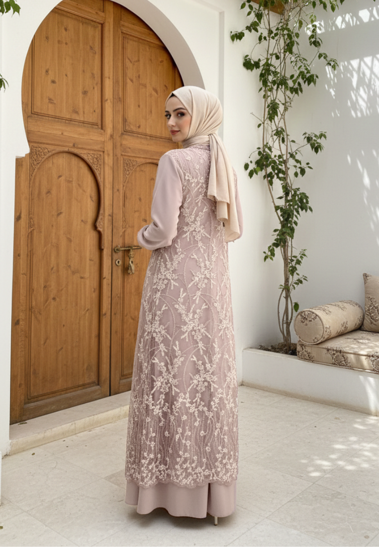 Almeera Muslim Long Dress With Lace Embroidery Floral Premium | Pink