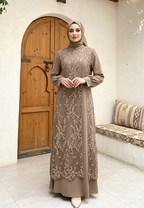 Almeera Muslim Long Dress With Lace Embroidery Floral Premium | Brown