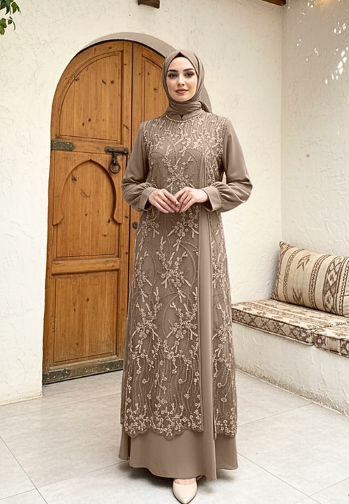 Almeera Muslim Long Dress With Lace Embroidery Floral Premium | Brown
