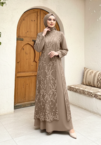 Almeera Muslim Long Dress With Lace Embroidery Floral Premium | Brown