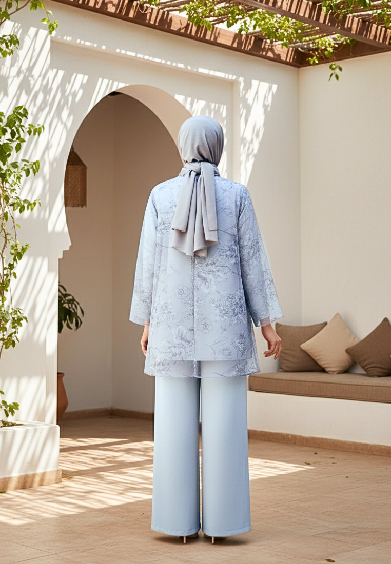 Zalia One Set Muslimah Modern Organza Motif Bunga Premium | Blue