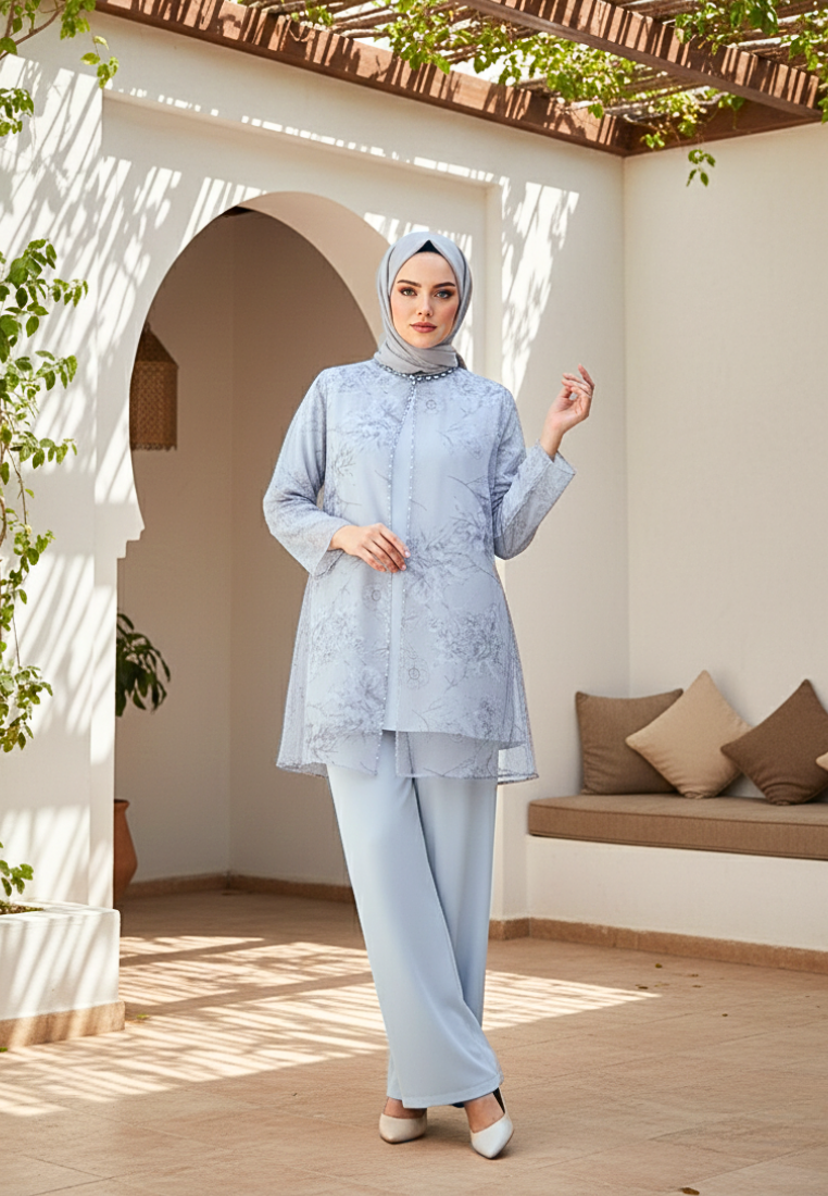 Zalia One Set Muslimah Modern Organza Motif Bunga Premium | Blue