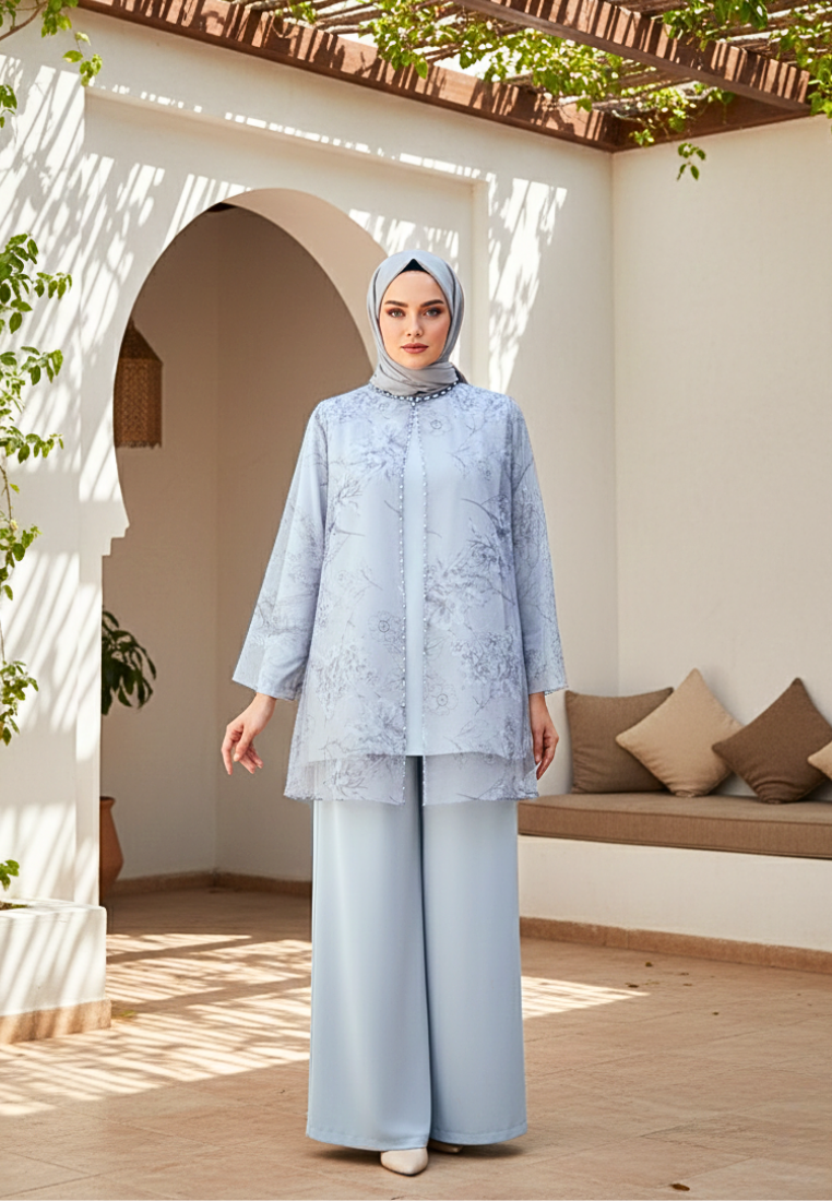 Zalia One Set Muslimah Modern Organza Motif Bunga Premium | Blue