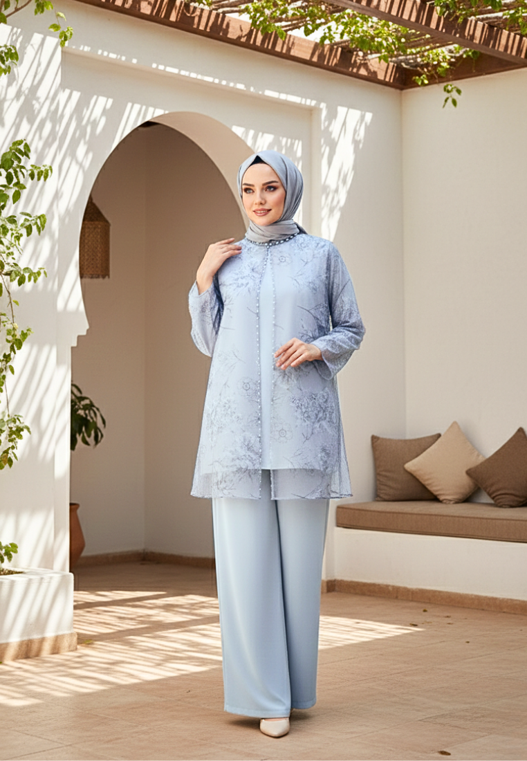 Zalia One Set Muslimah Modern Organza Motif Bunga Premium | Blue