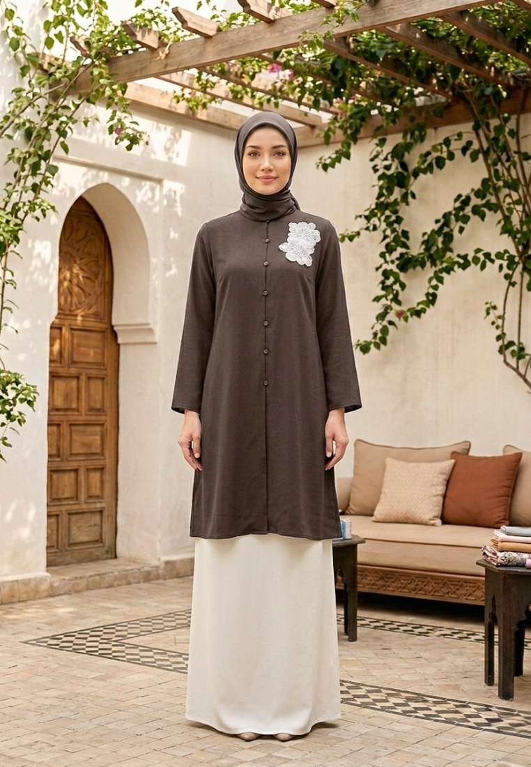 Amora Tunic With Floral Detail | Dark Brown