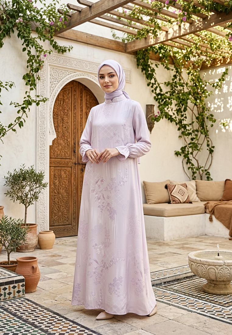 Elenora Muslim Long Dress with Scrunchie Sleeve | Pink