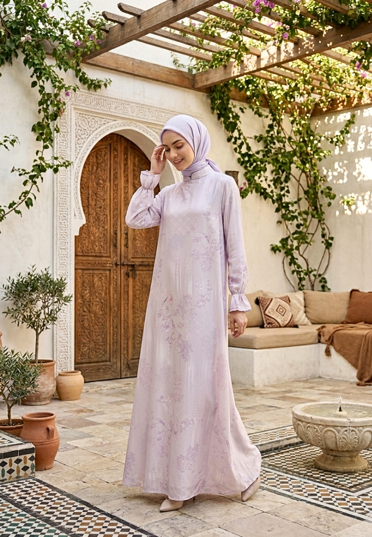 Elenora Muslim Long Dress with Scrunchie Sleeve | Pink