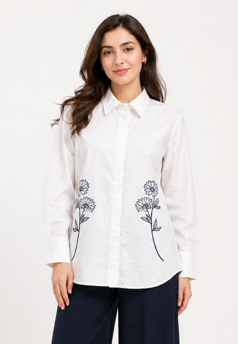 Lunela Shirt With Floral Embroidery | Navy