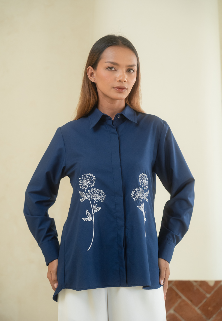 Lunela Shirt With Floral Embroidery Navy By Brilliant Girl