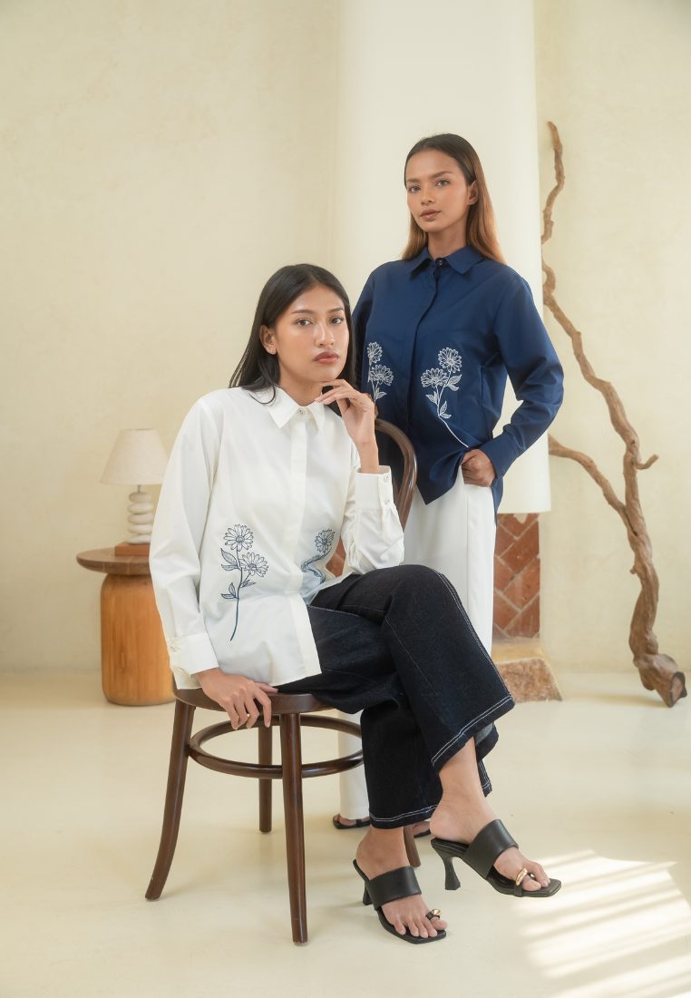 Lunela Shirt With Floral Embroidery Navy By Brilliant Girl