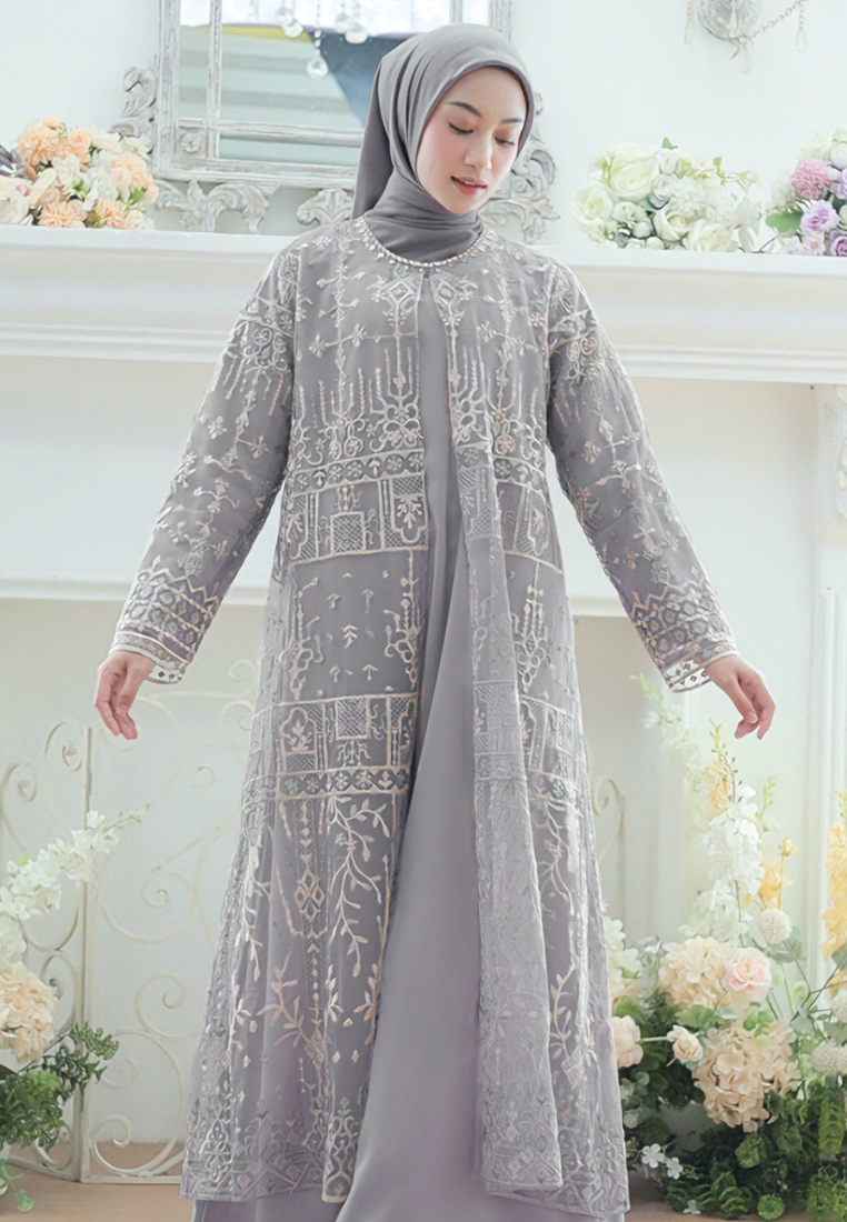 Moenet Flower with Pearl Detail Muslin Long Dress | Purple