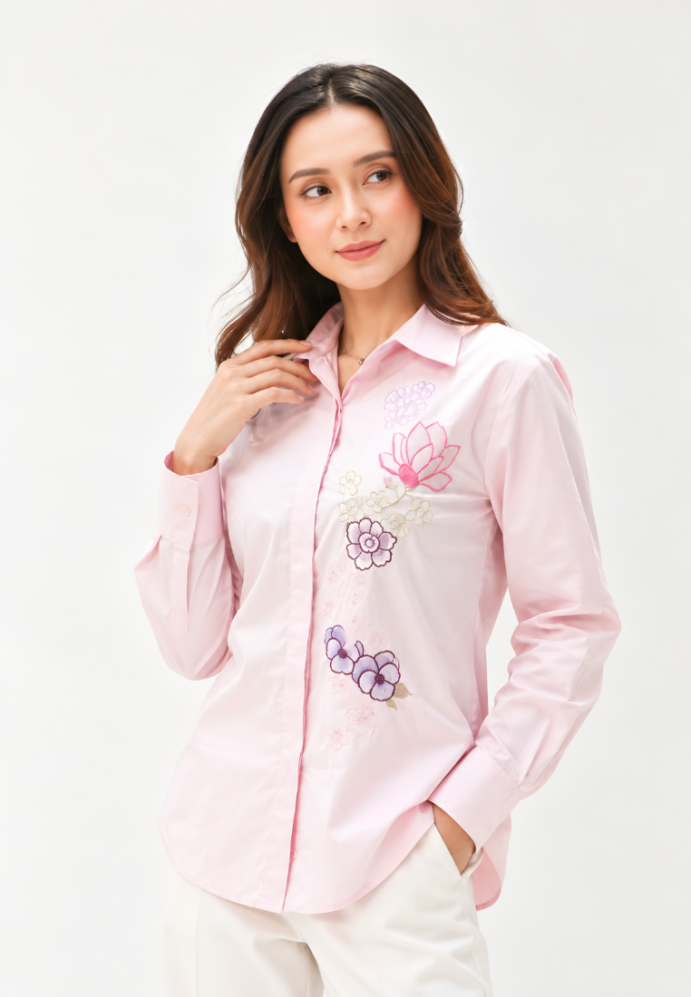 Camellia Embroidery Shirt |Soft Pink