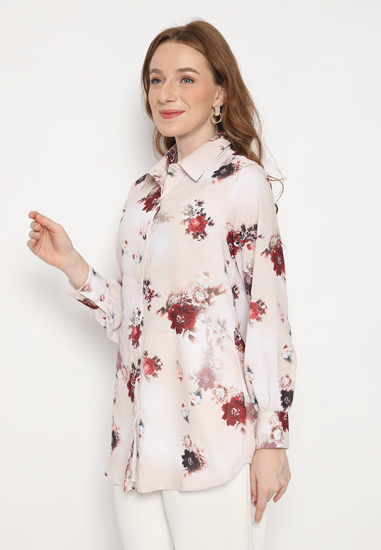 Karen Red Foral Long Sleeve Shirt | Cream