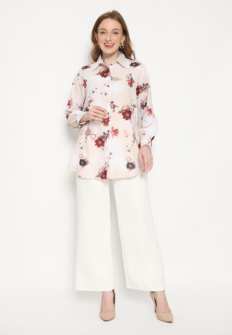 Karen Red Foral Long Sleeve Shirt | Cream