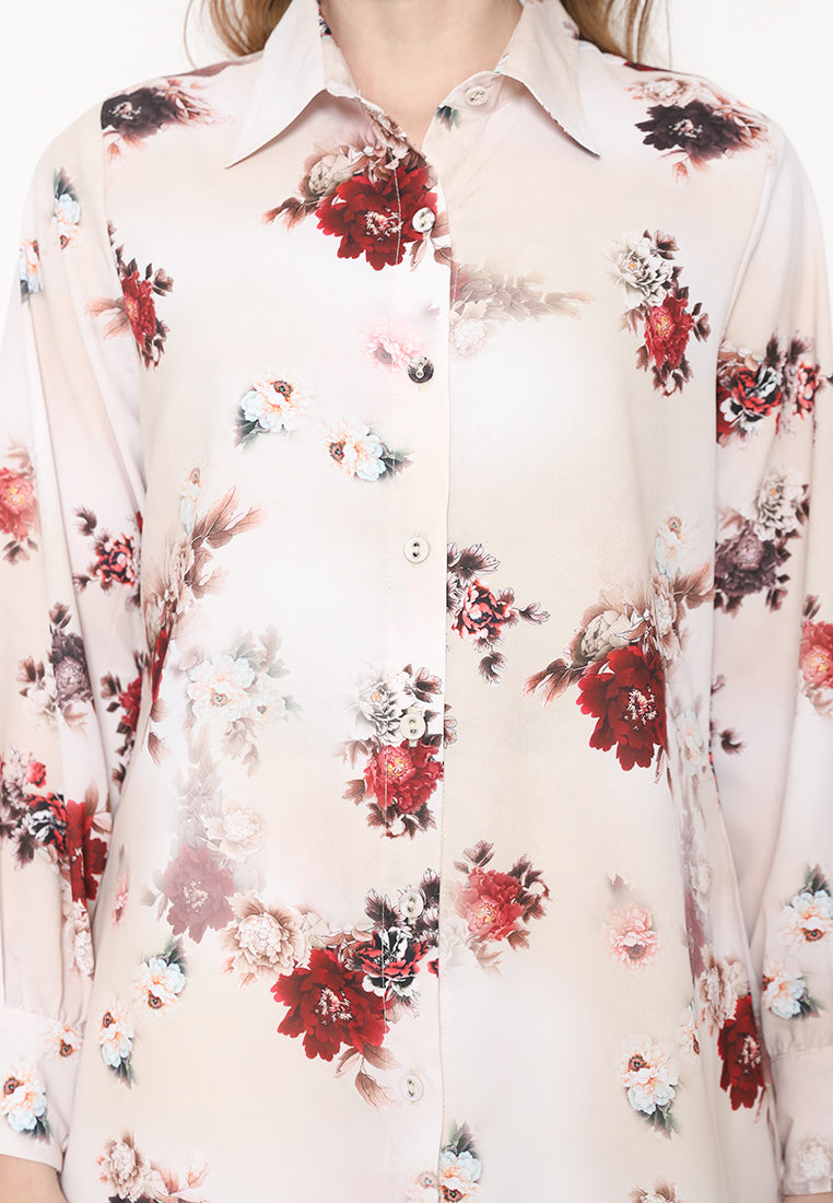 Karen Red Foral Long Sleeve Shirt | Cream