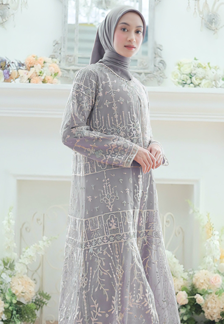 Moenet Flower with Pearl Detail Muslin Long Dress | Purple