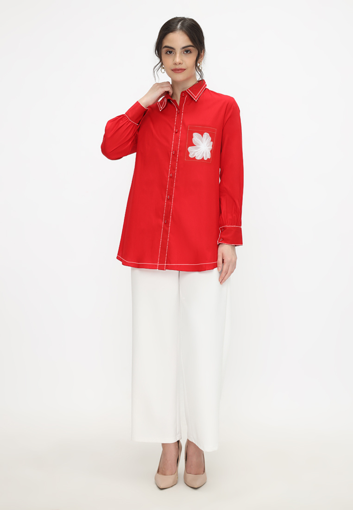 Viona Plain Shirt Red With Flowers In Pocket By Brilliant Girl