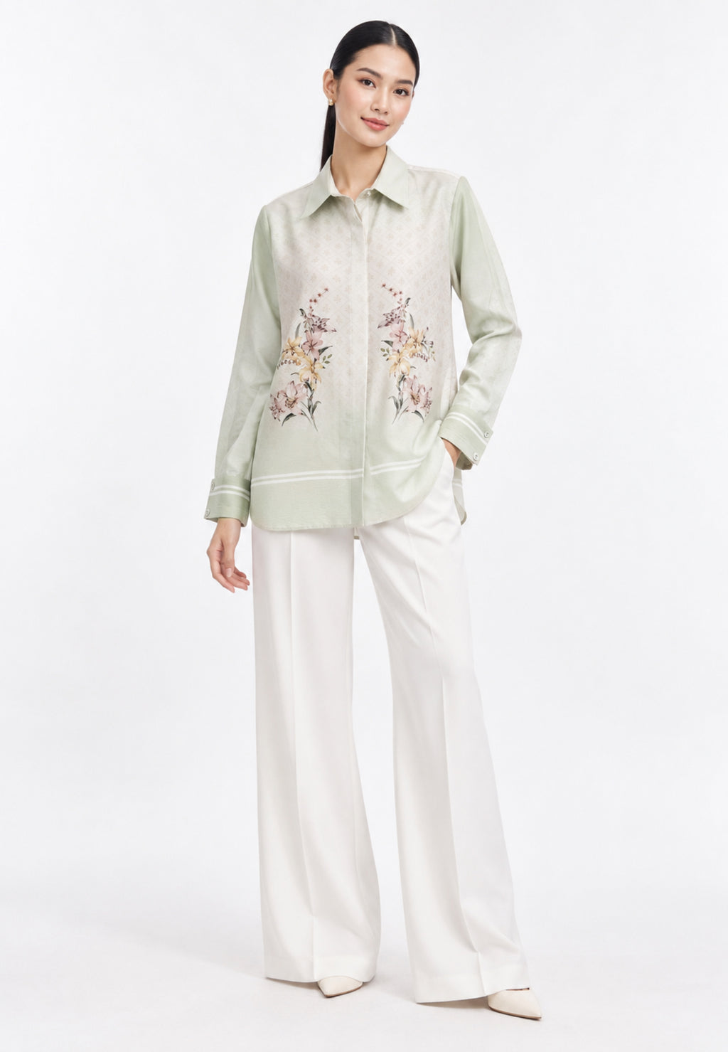 Iris Bloom Shirt  With Color Gradient | Green And Beige