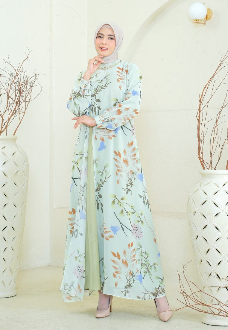 Bellavie Muslim Long Dress Leaf Print Two Layers | Green