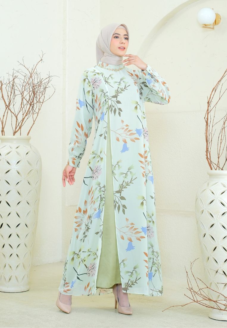 Bellavie Muslim Long Dress Leaf Print Two Layers | Green