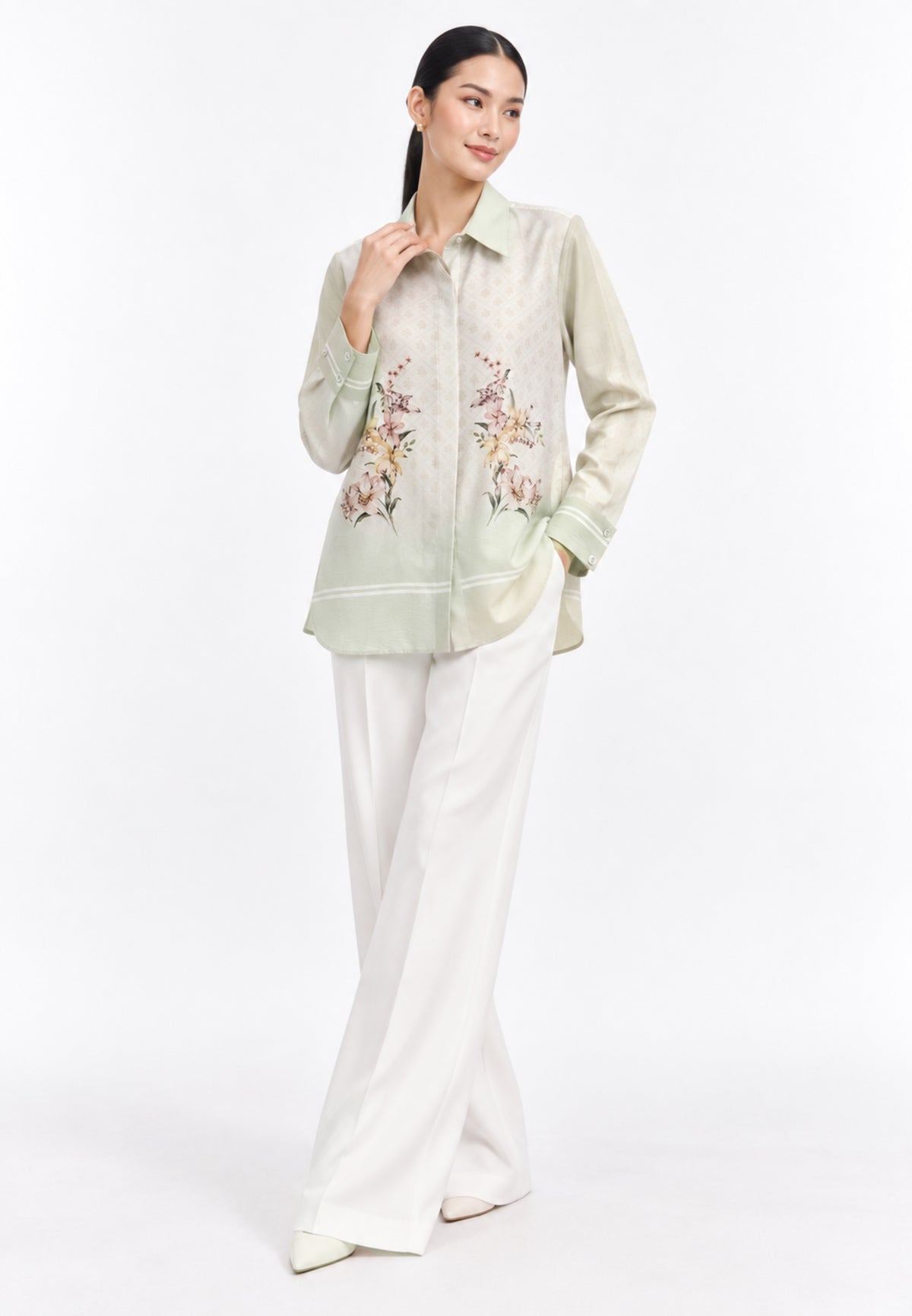 Iris Bloom Shirt  With Color Gradient | Green And Beige