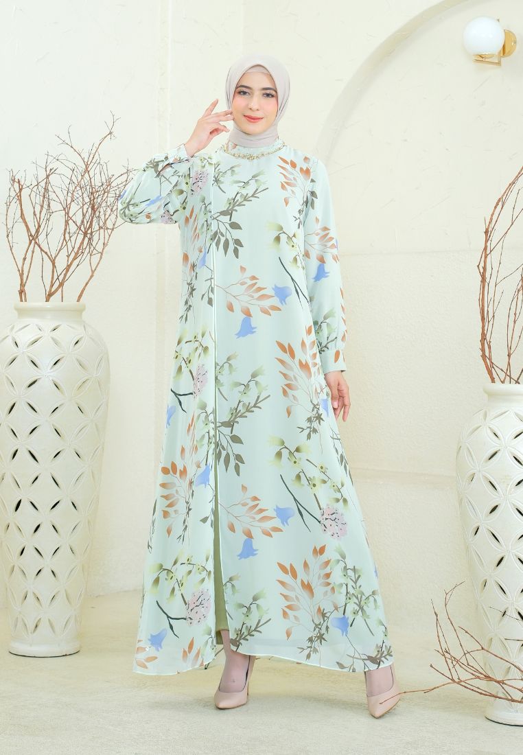 Bellavie Muslim Long Dress Leaf Print Two Layers | Green