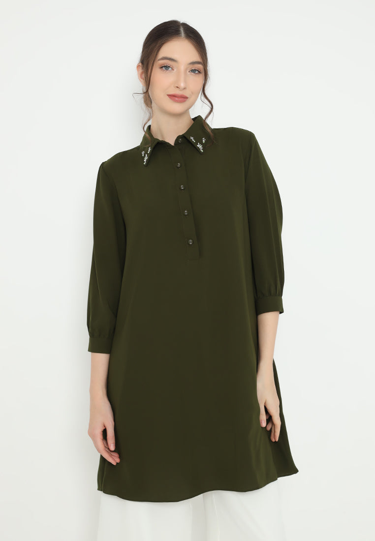 Elara Plain Tunic In Army Green With Pearl Detail | Green
