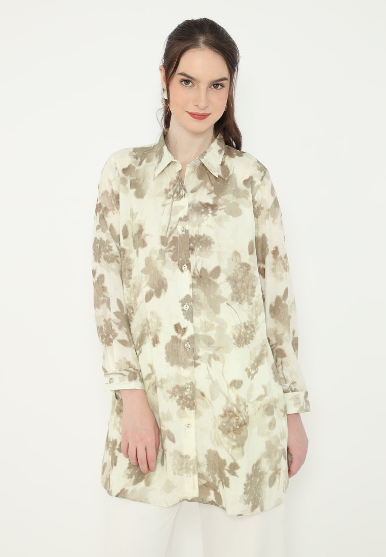 Casual Floral Shirt With Long Sleeve In Cream By Brilliant Girl