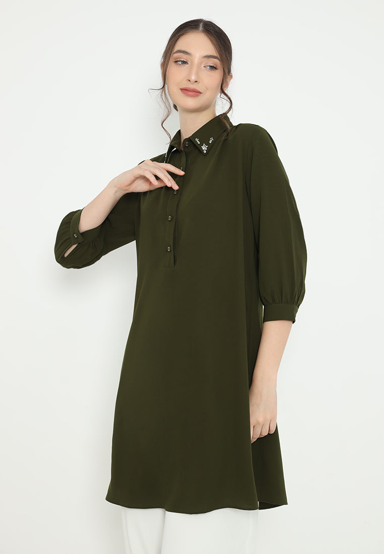 Elara Plain Tunic In Army Green With Pearl Detail | Green